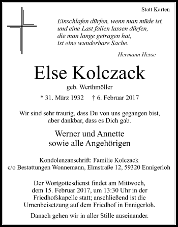 Traueranzeige von Else Kolczack von Die Glocke