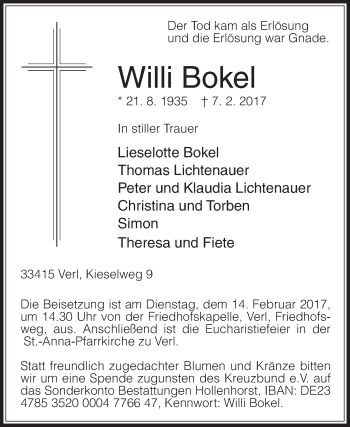 Traueranzeige von Willi Bokel von Die Glocke