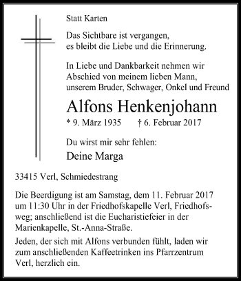 Traueranzeige von Alfons Henkenjohann von Die Glocke