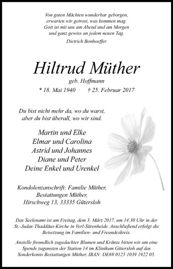 Traueranzeige von Hiltrud Müther von Die Glocke
