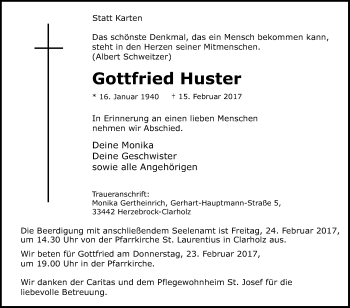 Traueranzeige von Gottfried Huster von Die Glocke