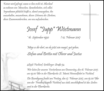 Traueranzeige von Josef Wöstmann von Die Glocke