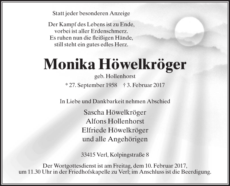  Traueranzeige für Monika Höwelkröger vom 08.02.2017 aus Die Glocke