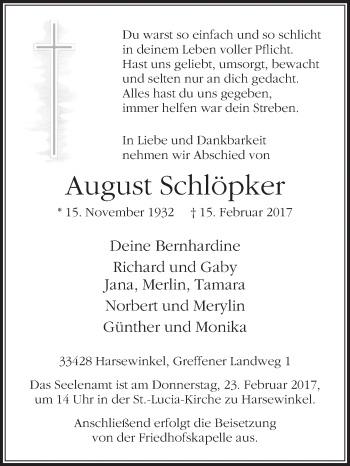 Traueranzeige von August Schlöpker von Die Glocke
