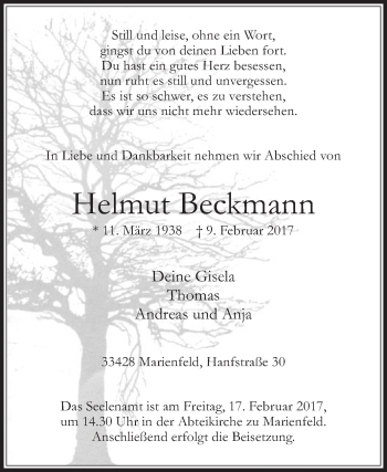 Traueranzeige von Helmut Beckmann von Die Glocke