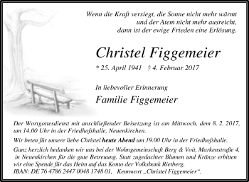 Traueranzeige von Christel Figgemeier von Die Glocke