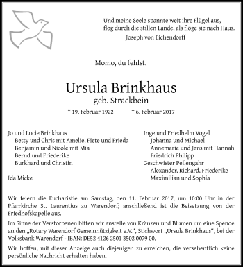 Traueranzeige von Ursula Brinkhaus von Die Glocke