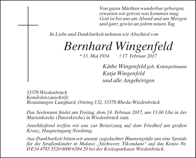  Traueranzeige für Bernhard Wingenfeld vom 21.02.2017 aus Die Glocke