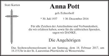 Traueranzeige von Anna Pott von Die Glocke