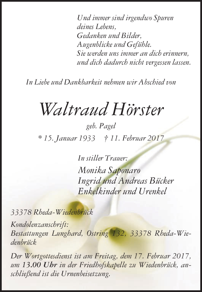  Traueranzeige für Waltraud Hörster vom 15.02.2017 aus Die Glocke