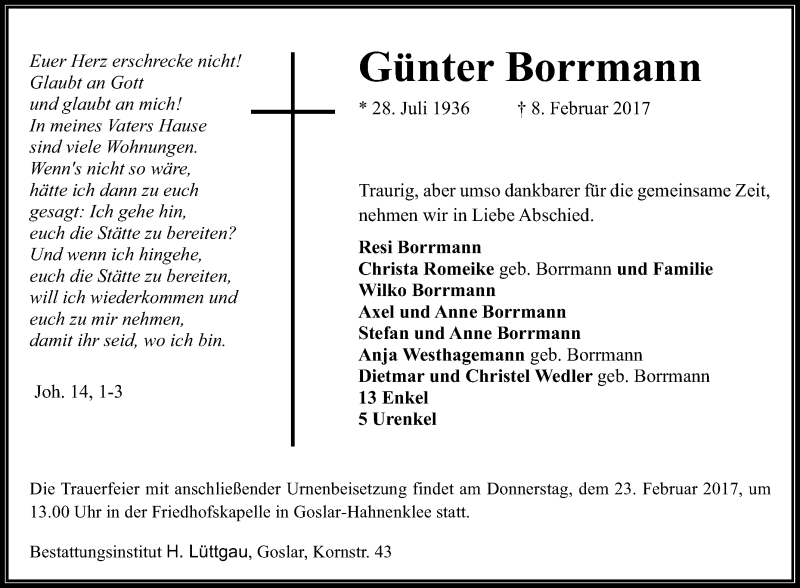  Traueranzeige für Günter Borrmann vom 18.02.2017 aus Die Glocke