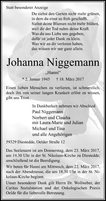 Traueranzeige von Johanna Niggemann von Die Glocke