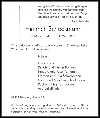 Traueranzeige von Heinrich Schockmann von Die Glocke
