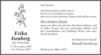 Traueranzeige von Erikadruck brachten von Die Glocke