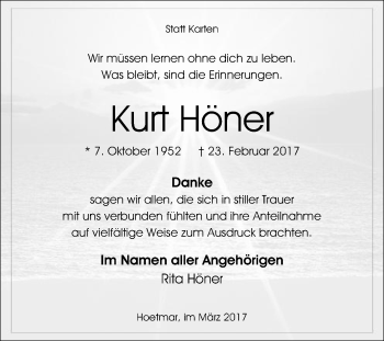 Traueranzeige von Kurt Höner von Die Glocke
