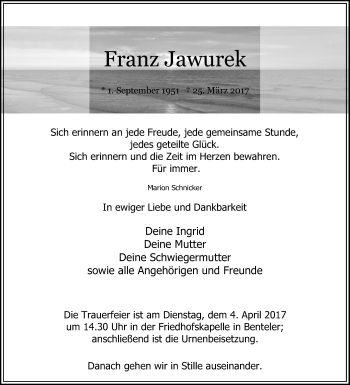 Traueranzeige von Franz Jawurek von Die Glocke