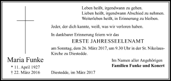 Traueranzeige von Maria Funke von Die Glocke