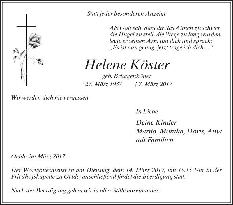  Traueranzeige für Helene Köster vom 11.03.2017 aus Die Glocke