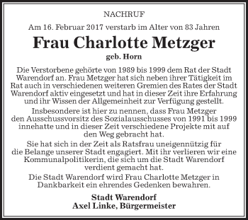 Traueranzeige von Charlotte Metzger von Die Glocke