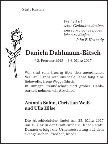 Traueranzeige von Daniela Dahlmann-Ritsch von Die Glocke