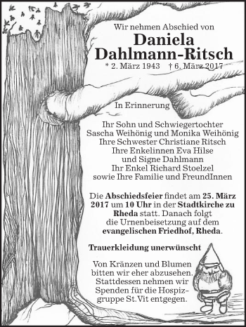 Traueranzeige von Daniela Dahlmann-Ritsch von Die Glocke