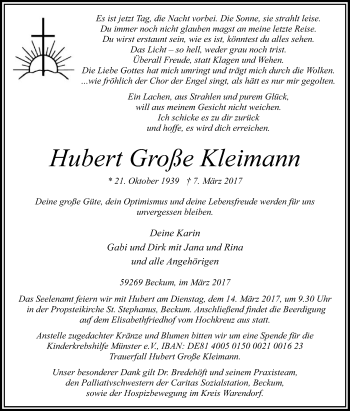 Traueranzeige von Hubert Große Kleimann von Die Glocke