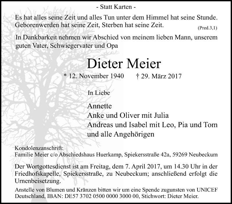  Traueranzeige für Dieter Meier vom 31.03.2017 aus Die Glocke