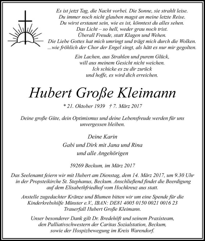 Traueranzeigen von Hubert Große Kleimann | trauer.die-glocke.de