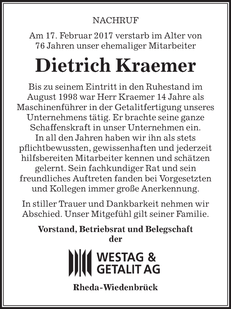  Traueranzeige für Dietrich Kraemer vom 03.03.2017 aus Die Glocke