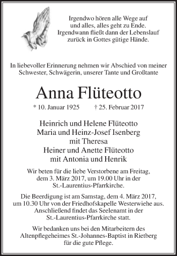 Traueranzeige von Anna Flüteotto von Die Glocke