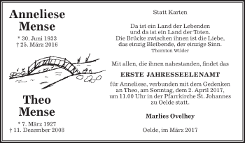 Traueranzeige von Anneliese und Theo Mense von Die Glocke