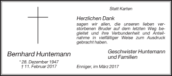 Traueranzeige von Bernhard Huntemann von Die Glocke