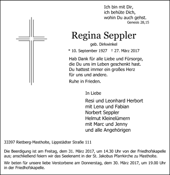 Traueranzeige von Regina Seppler von Die Glocke