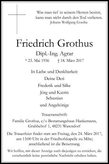 Traueranzeige von Friedrich Grothus von Die Glocke