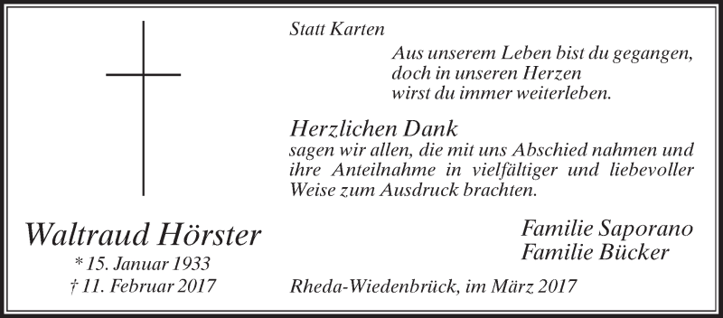  Traueranzeige für Waltraud Hörster vom 18.03.2017 aus Die Glocke