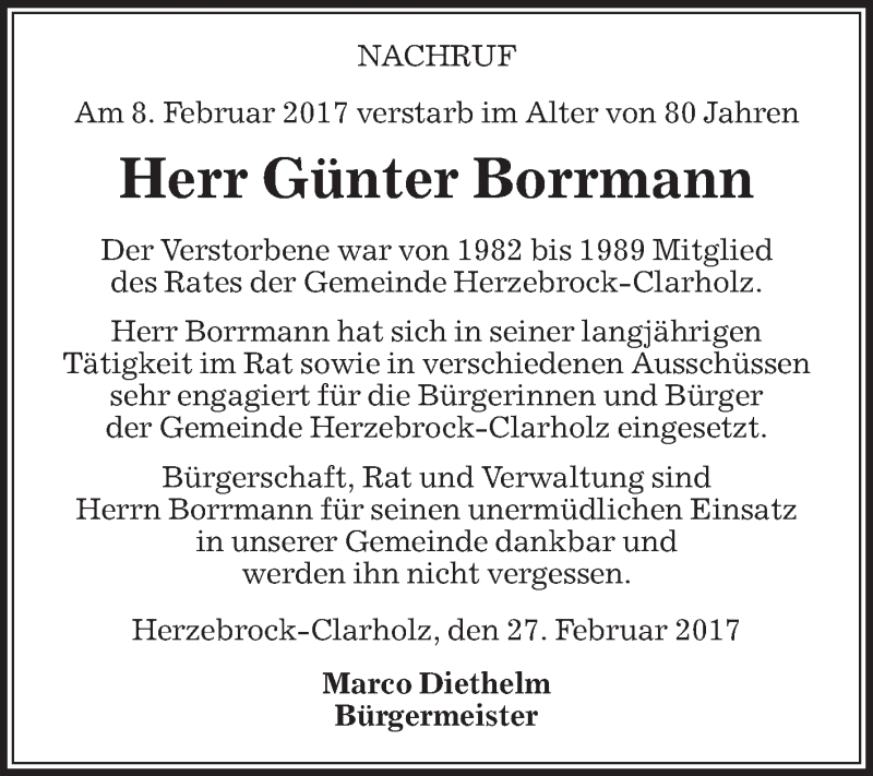  Traueranzeige für Günter Borrmann vom 01.03.2017 aus Die Glocke