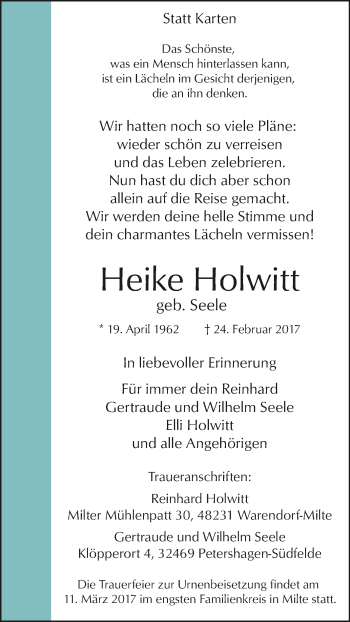 Traueranzeige von Heike Holwitt von Die Glocke