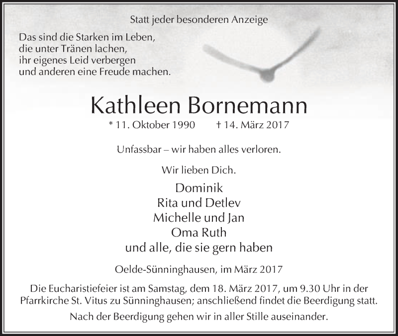  Traueranzeige für Kathleen Bornemann vom 16.03.2017 aus Die Glocke