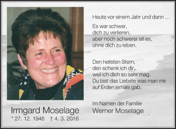 Traueranzeige von Irmgard Moselage von Die Glocke
