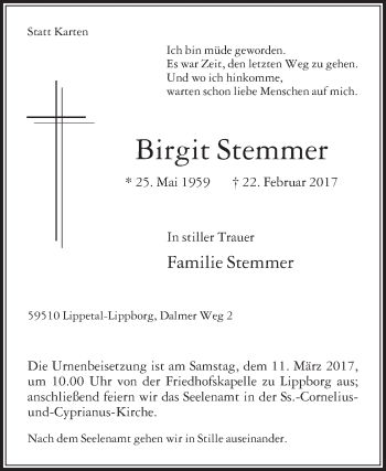 Traueranzeige von Birgit Stemmer von Die Glocke