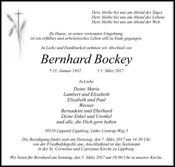 Traueranzeige von Bernhard Bockey von Die Glocke