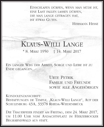Traueranzeige von Klaus-Willi Lange von Die Glocke