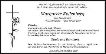 Traueranzeige von Margarete Kollenberg von Die Glocke