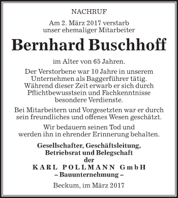 Traueranzeige von Bernhard Buschhoff von Die Glocke