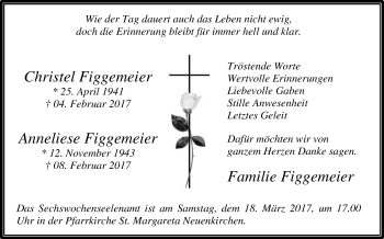 Traueranzeige von Christel und Anneliese Figgemeier von Die Glocke