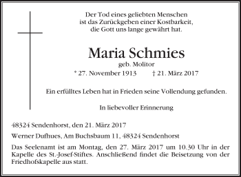 Traueranzeige von Maria Schmies von Die Glocke