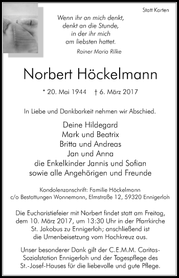 Traueranzeige von Norbert Höckelmann von Die Glocke
