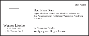 Traueranzeige von Werner Lieske von Die Glocke