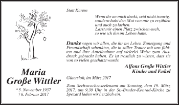 Traueranzeige von Maria  Große Wittler von Die Glocke