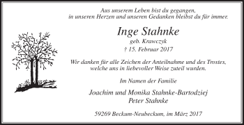 Traueranzeige von Inge Stahnke von Die Glocke